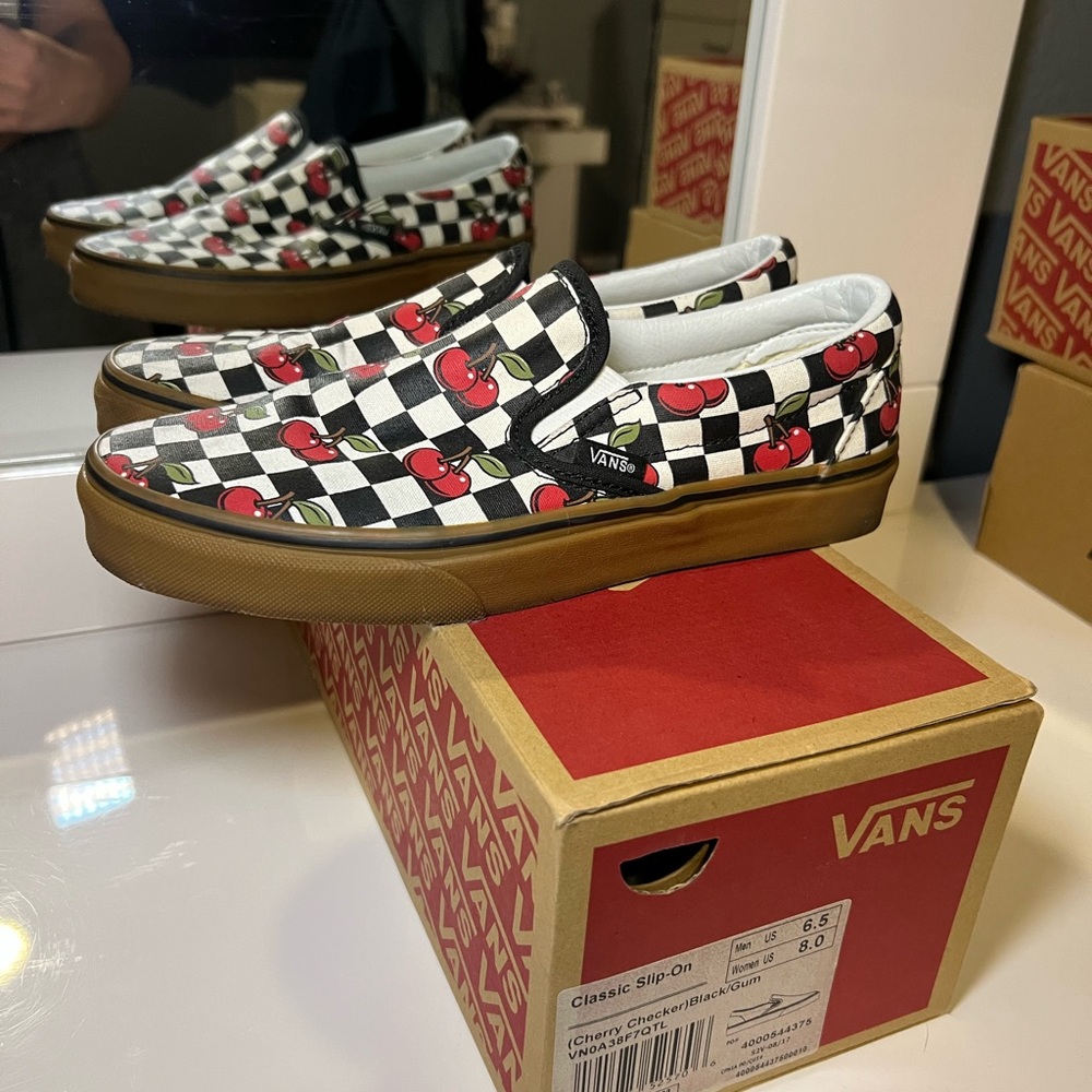 Vans Black and White Cherry Slip-On Sneakers - Picture 2 of 8
